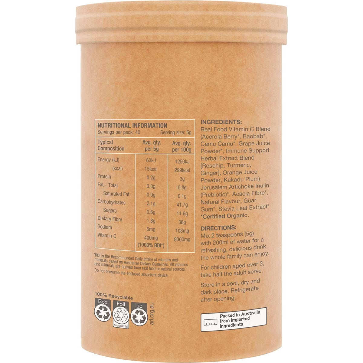 Amazonia Raw Organic Vitamin C Passionfruit 200g - Amazonia