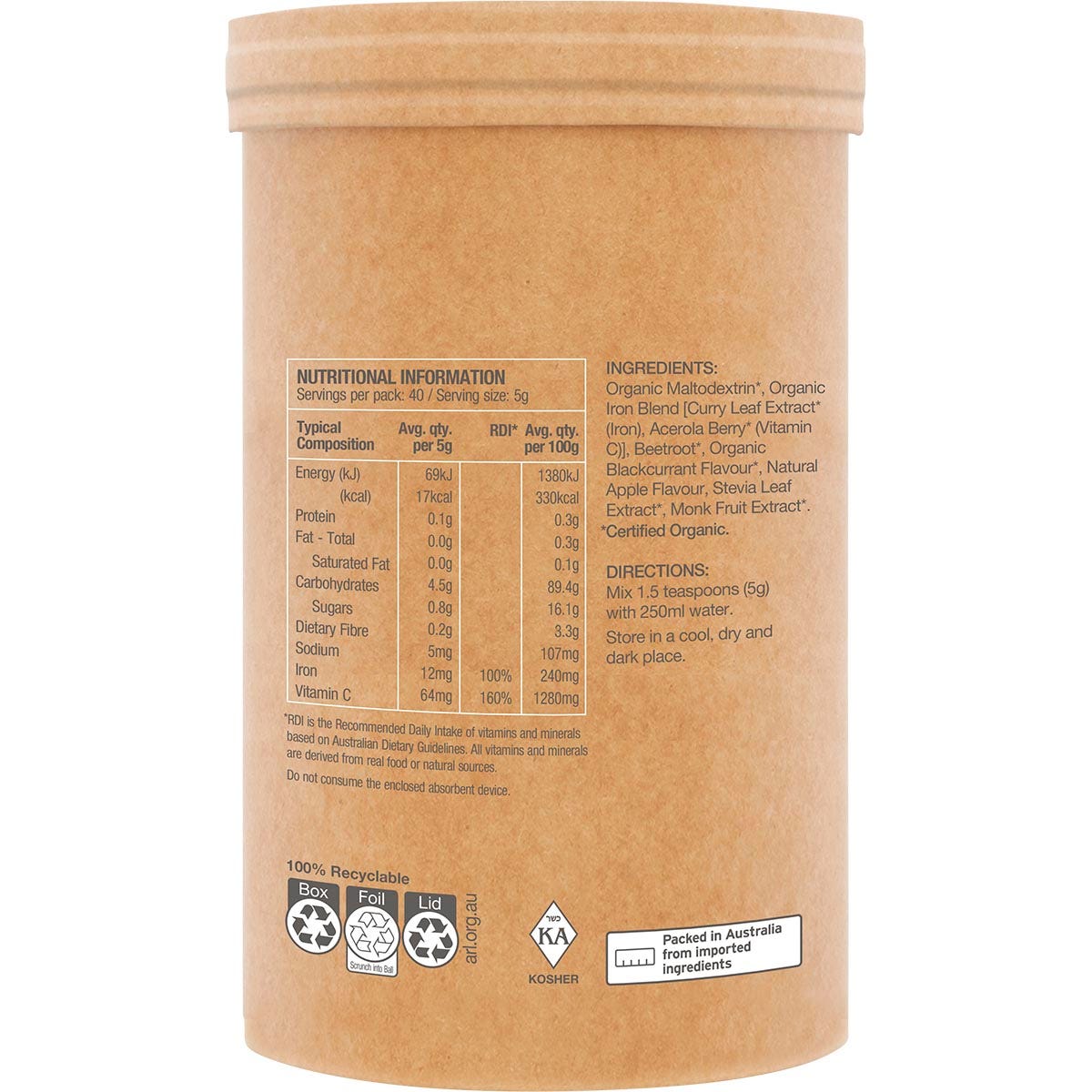 Amazonia Raw Organic Iron Apple Blackcurrant 200g - Amazonia