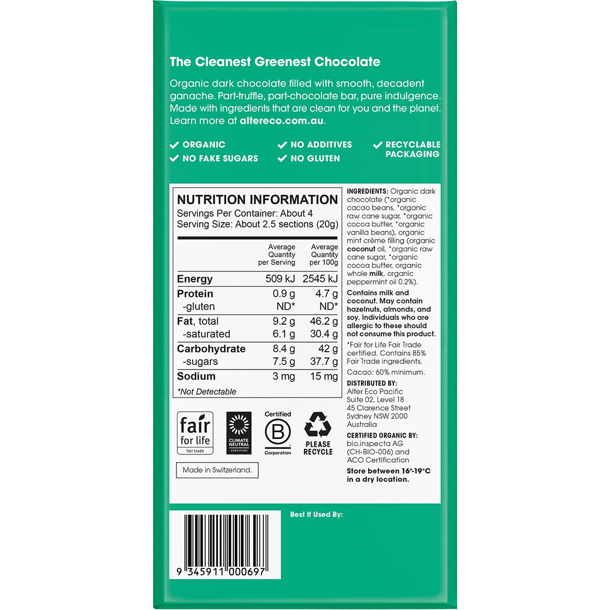 Alter Eco Chocolate Organic Mint Creme Dark Truffle Thins 12x84g - Alter Eco