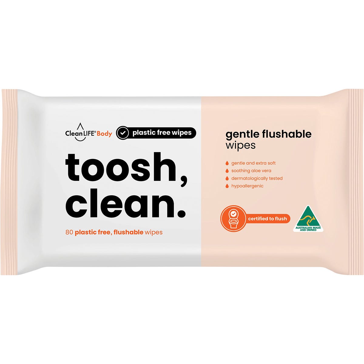 CleanLIFE Toosh Clean Flushable Plastic Free Wipes 80pk - CleanLIFE