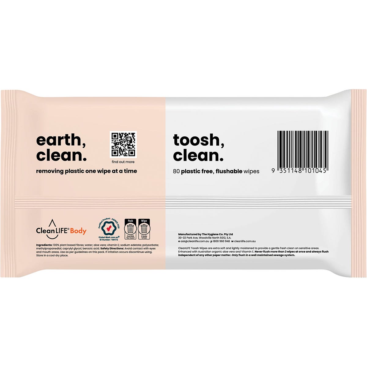 CleanLIFE Toosh Clean Flushable Plastic Free Wipes 80pk - CleanLIFE