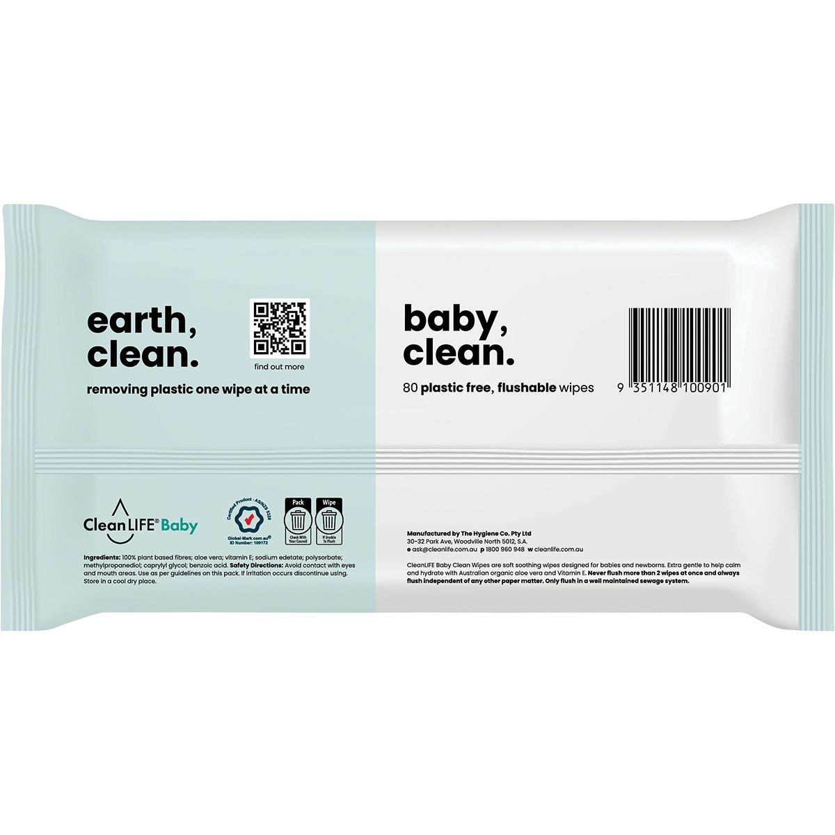 CleanLIFE Baby Clean Flushable Plastic Free Wipes 80pk - CleanLIFE
