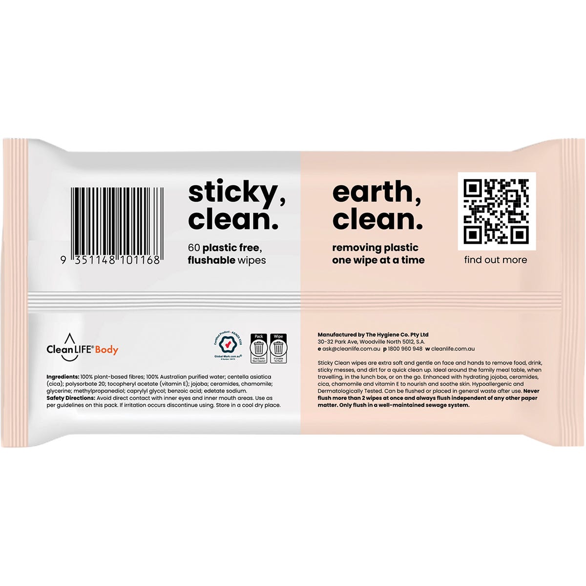 CleanLIFE Sticky Clean Flushable Plastic Free Wipes 60pk - CleanLIFE