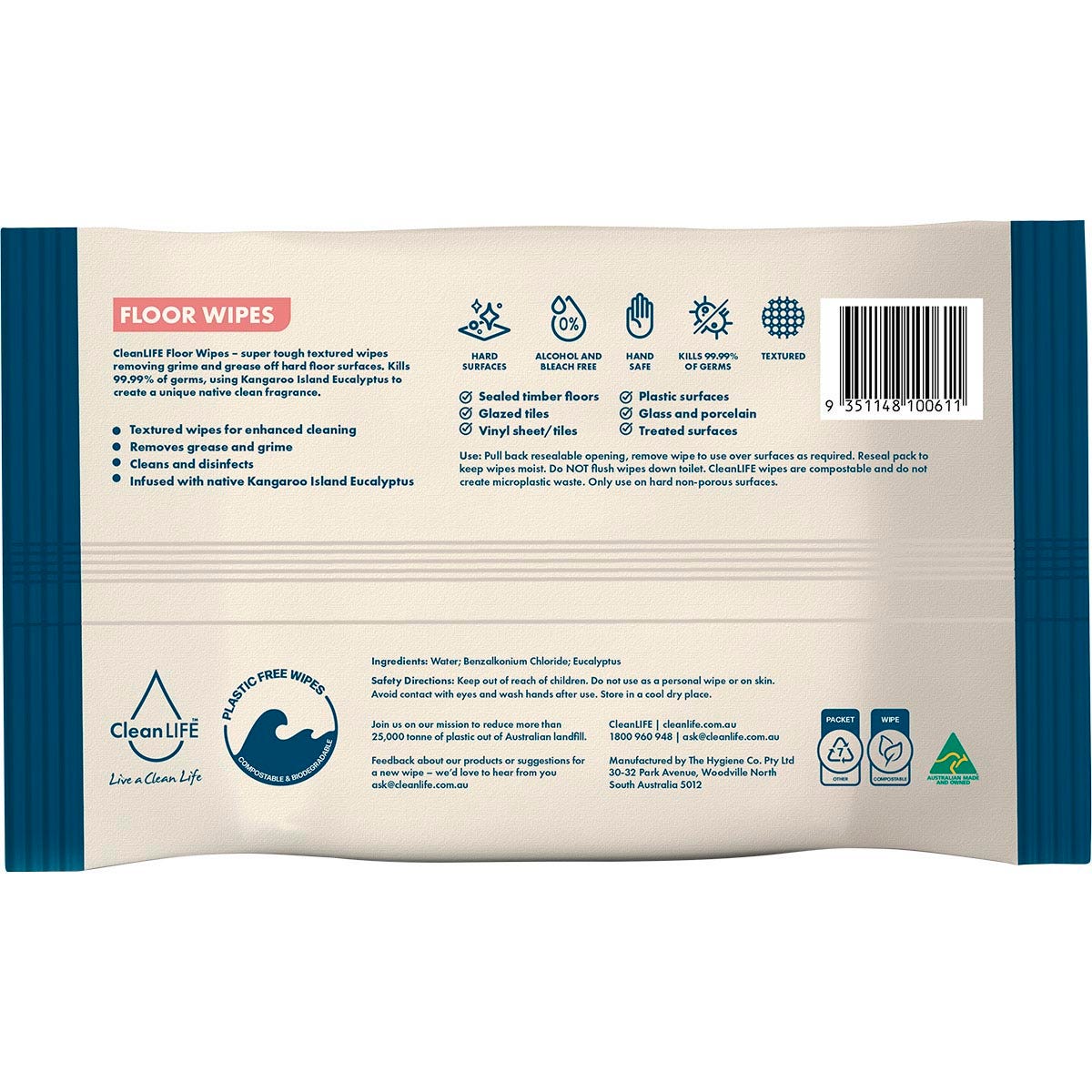 CleanLIFE Floor Plastic Free Wipes Antibacterial Cleaning 25pk - CleanLIFE