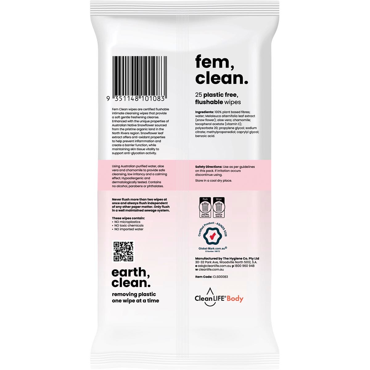 CleanLIFE Fem Clean Intimate Flushable Plastic Free Wipes 25pk - CleanLIFE