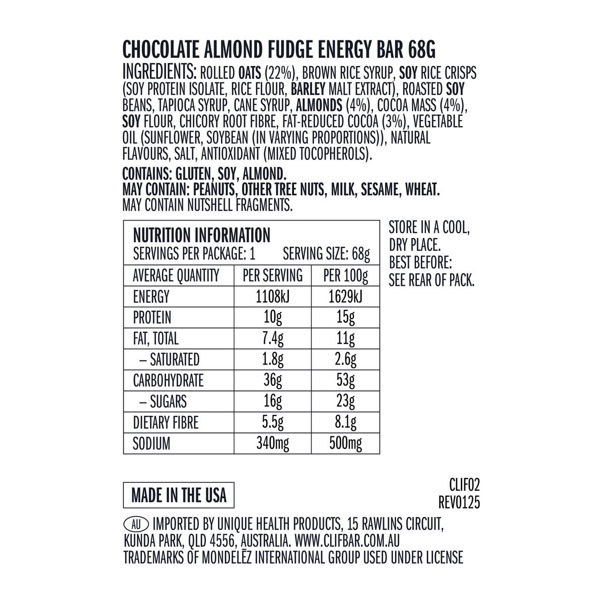 CLIF Energy Bar Chocolate Almond Fudge 12x68g - CLIF