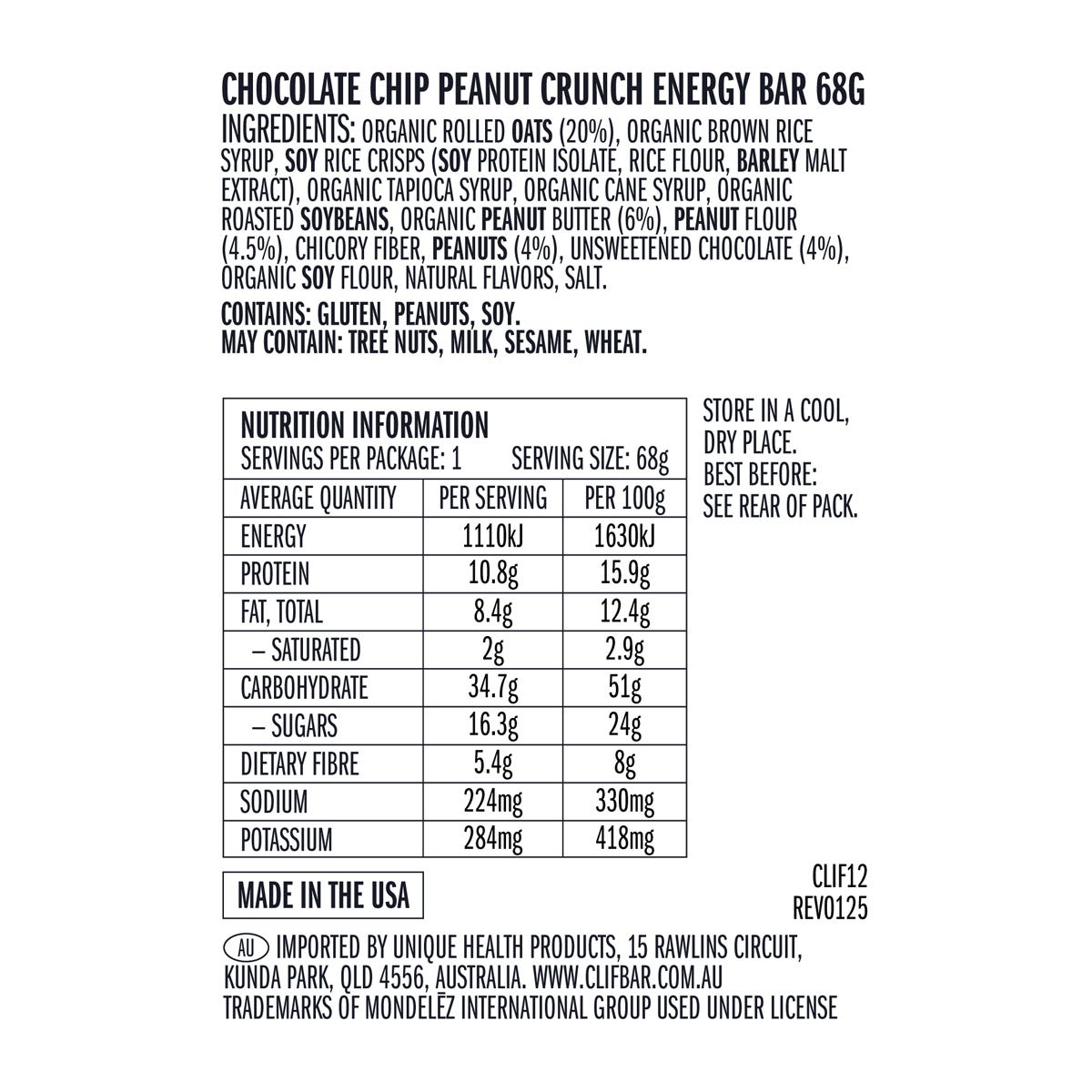 CLIF Energy Bar Chocolate Chip Peanut Crunch 12x68g - CLIF