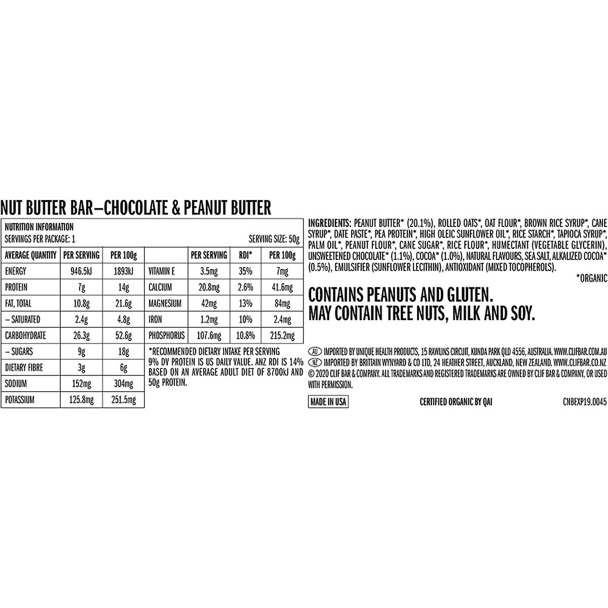 CLIF Nut Butter Bar Chocolate & Peanut Butter 12x50g - CLIF