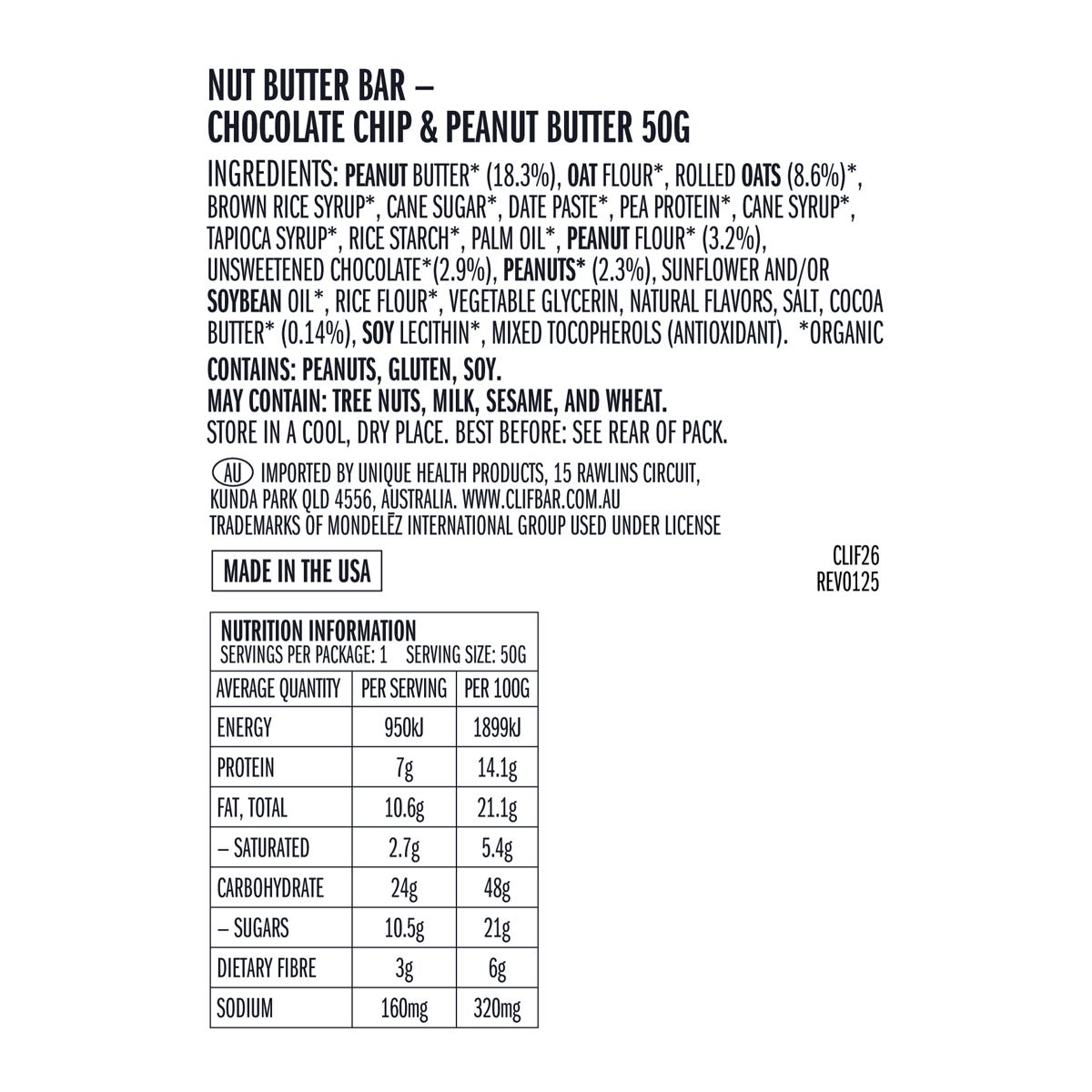 CLIF Nut Butter Bar Chocolate Chip & Peanut Butter 5x50g - CLIF
