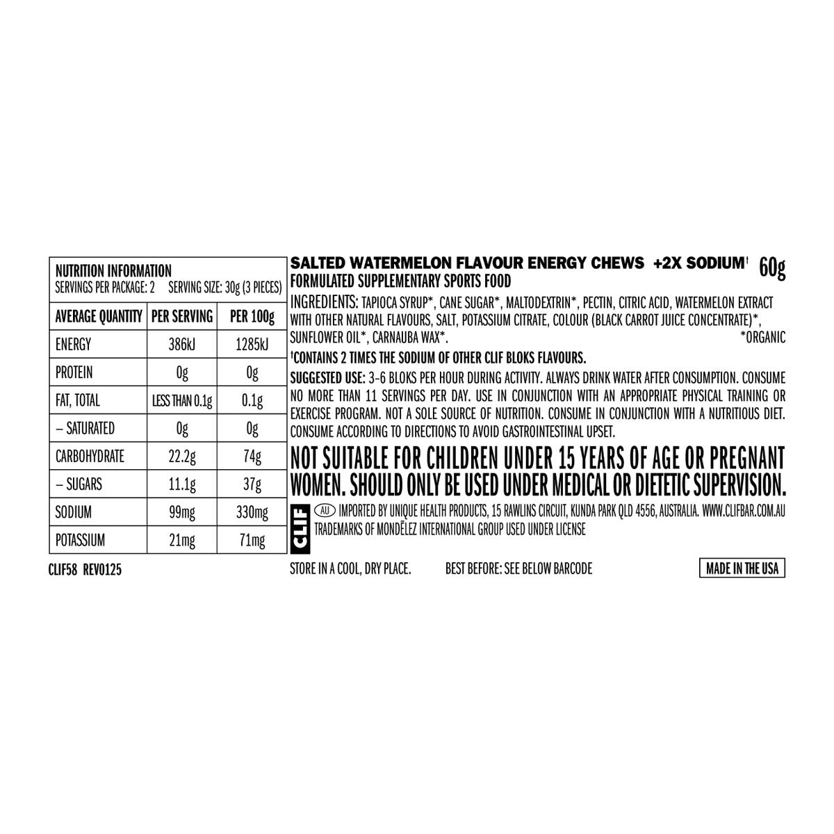 CLIF Bloks Energy Chews Salted Watermelon 100mg Sodium 18x60g - CLIF