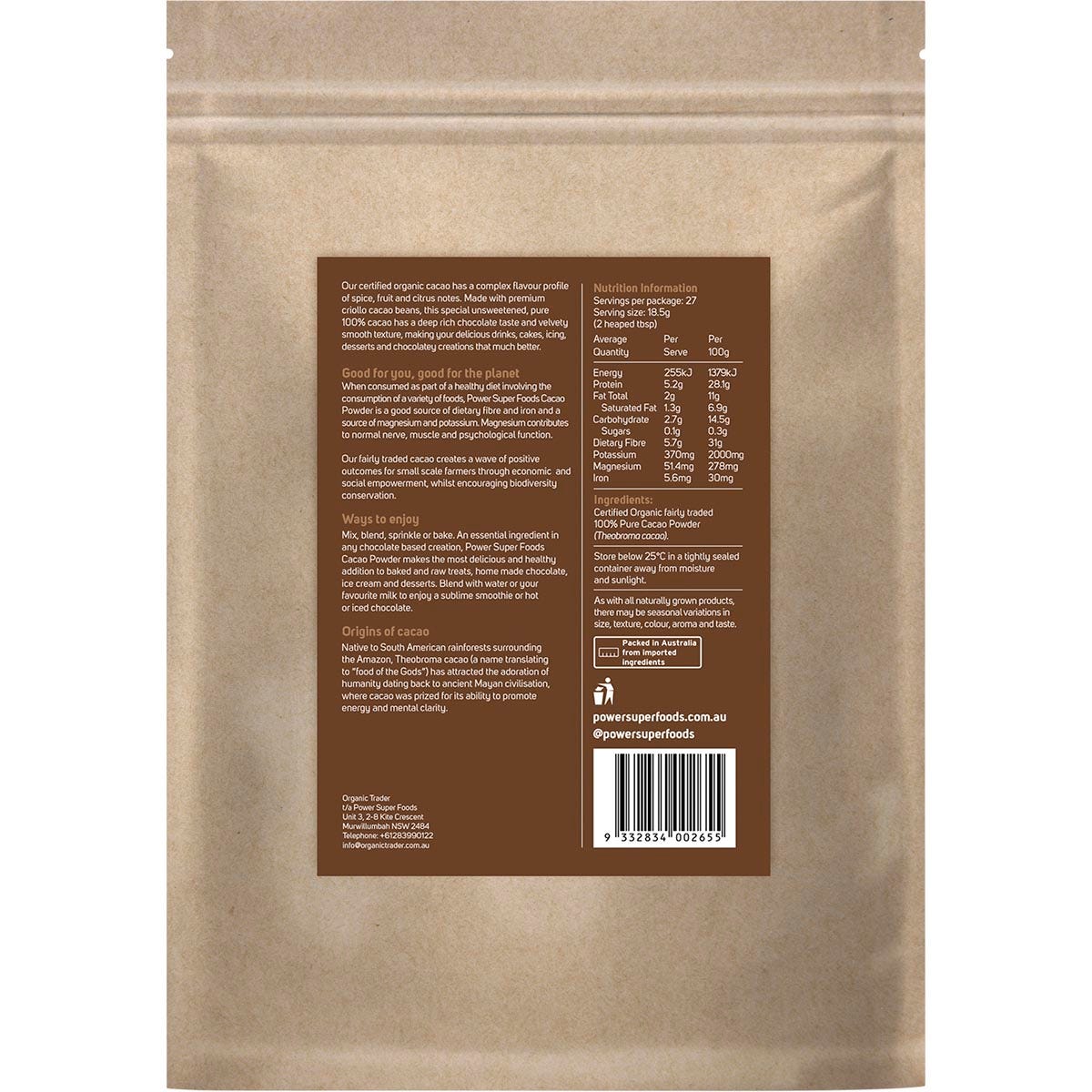 Power Super Foods Cacao Powder Kraft Bag Certified Organic 500g - Power Super Foods