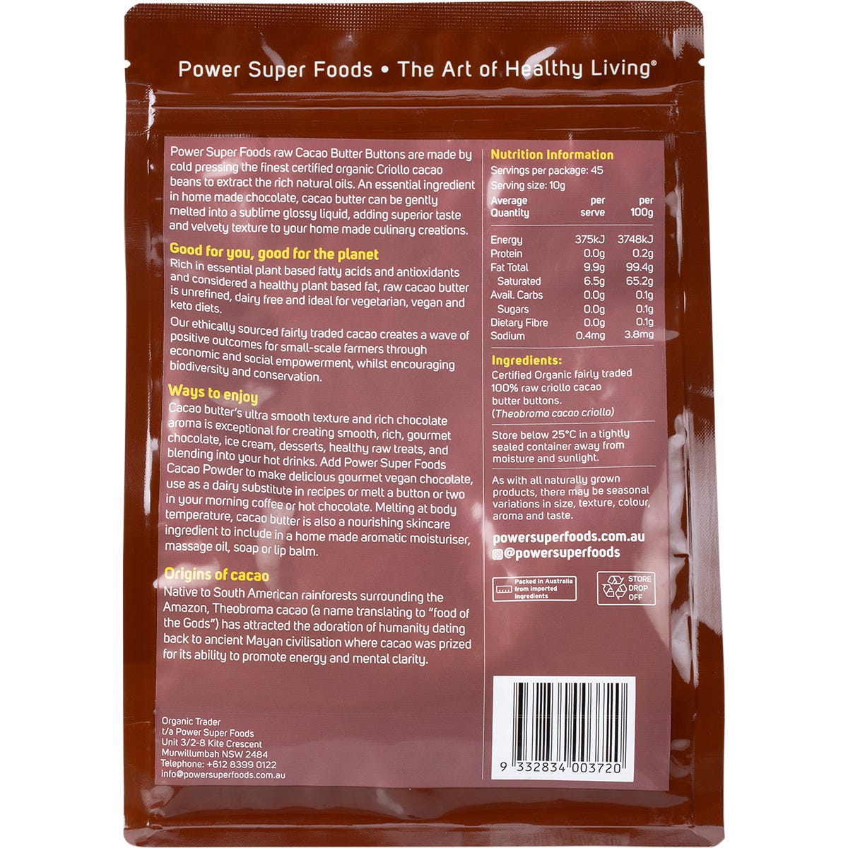 Power Super Foods Cacao Butter Buttons Raw Certified Organic 450g - Power Super Foods