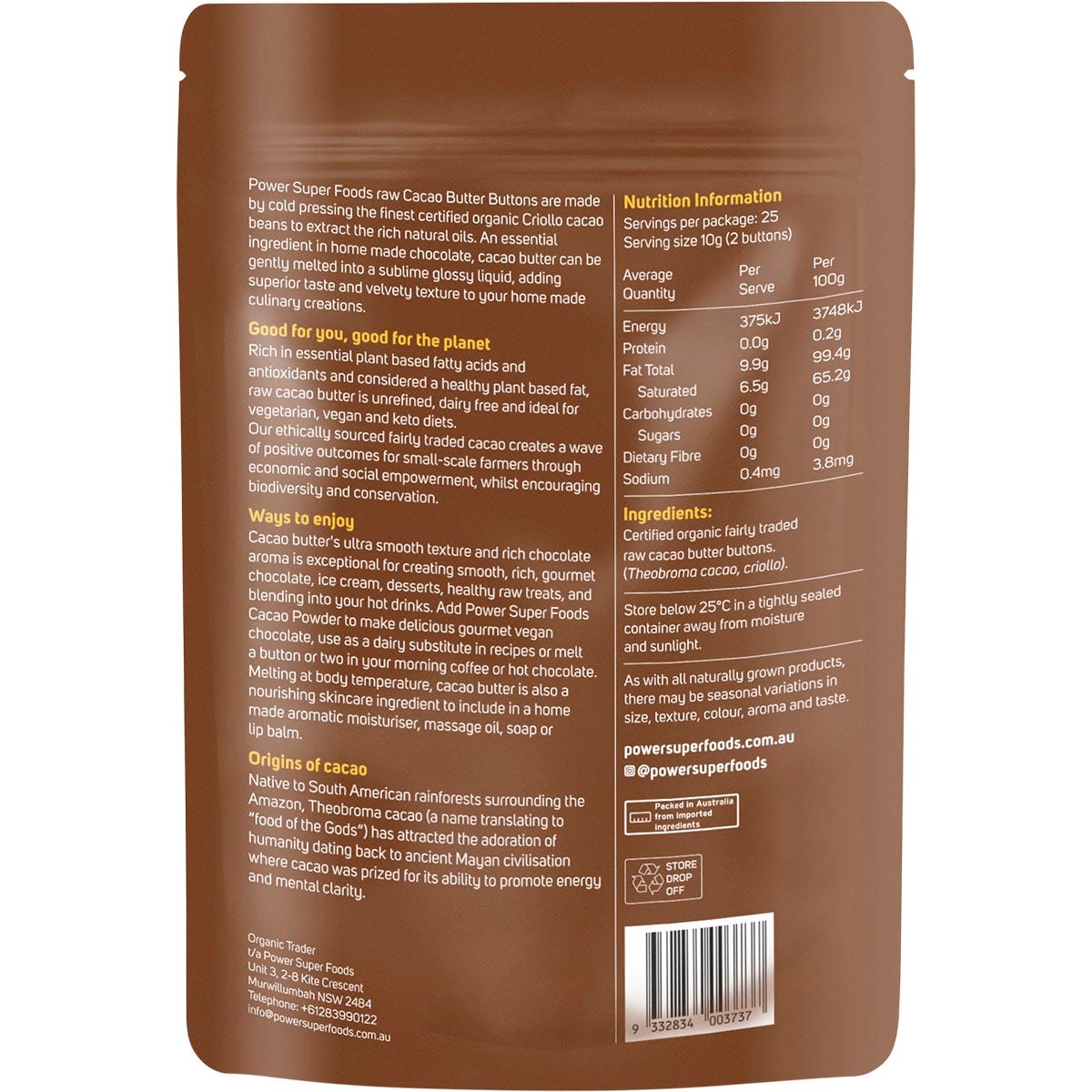 Power Super Foods Cacao Butter Buttons Raw Certified Organic 250g - Power Super Foods