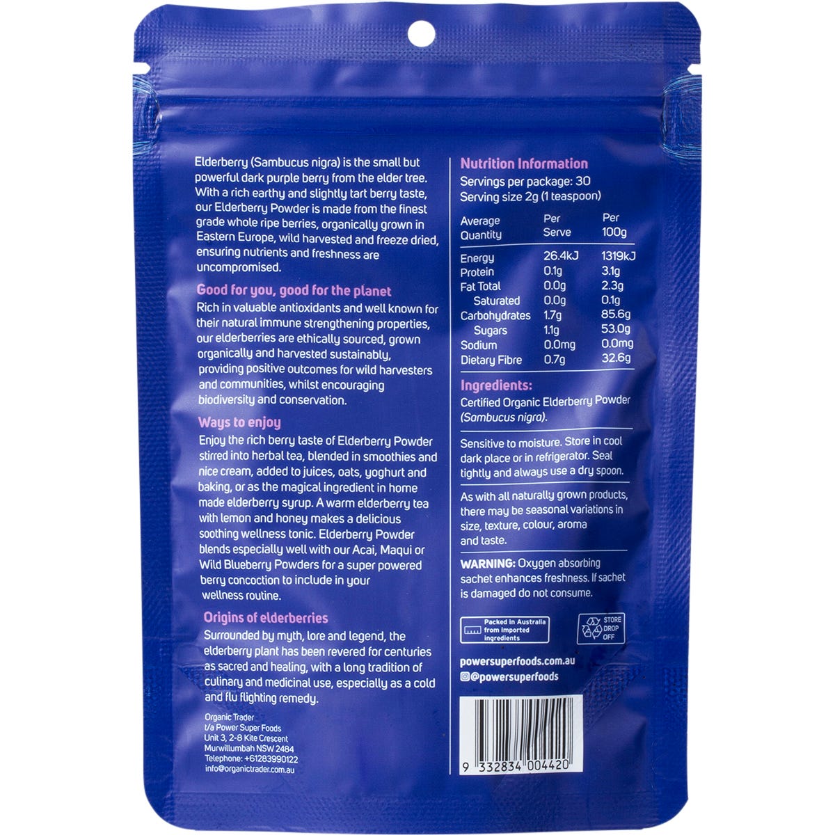 Power Super Foods Elderberry Powder Certified Organic 60g - Power Super Foods