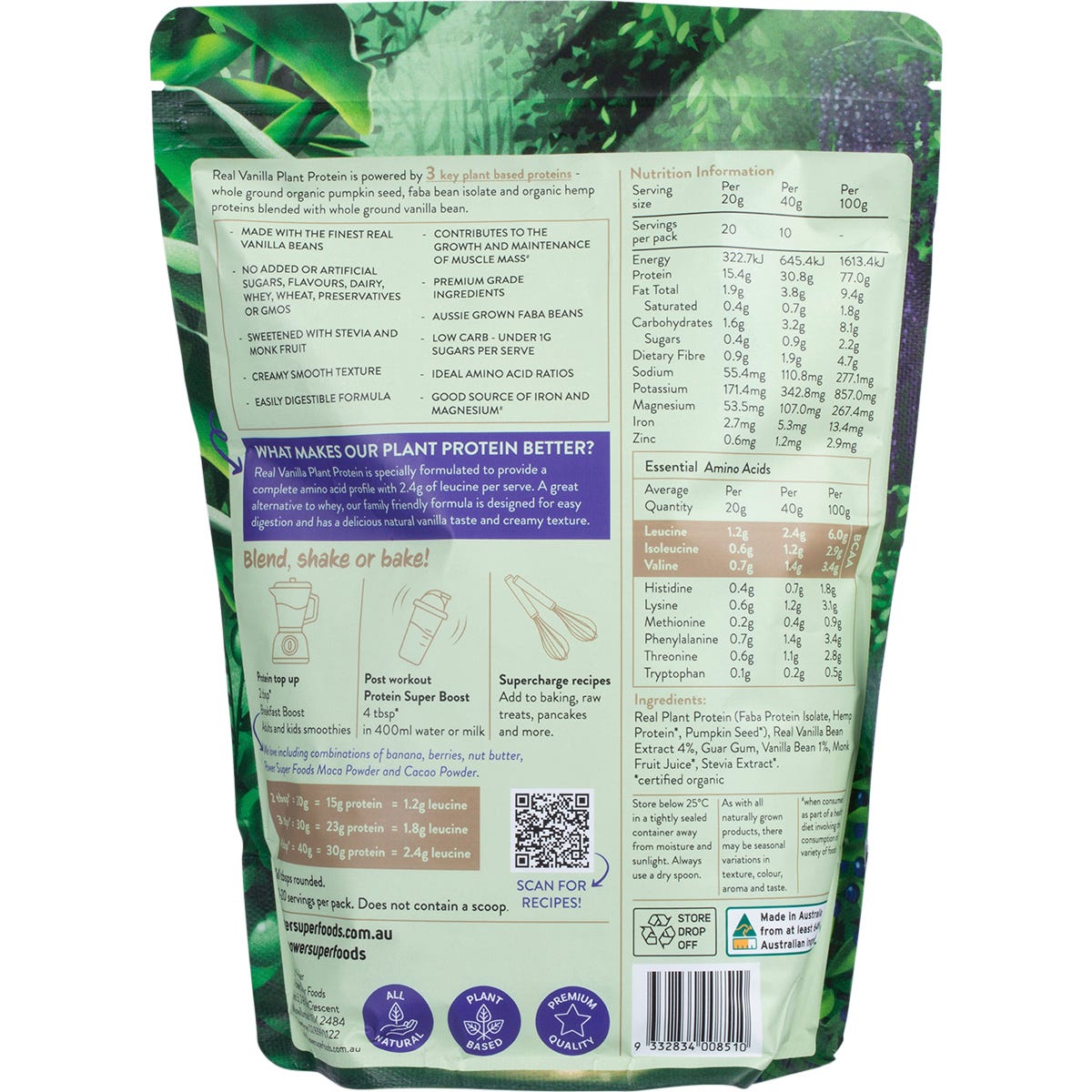 Power Super Foods Real Plant Protein Vanilla Bean 400g - Power Super Foods