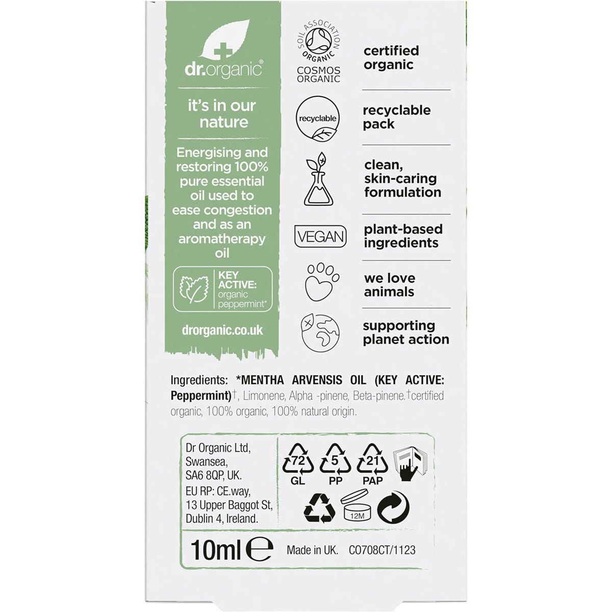 Dr. Organic Peppermint Oil 100% Pure 10ml - Dr. Organic