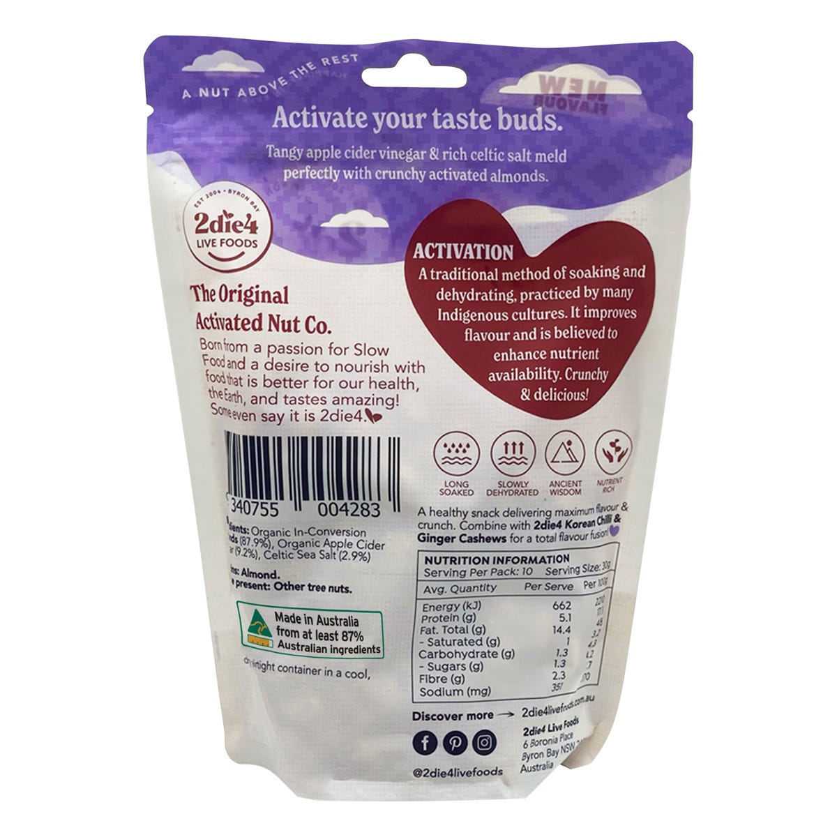 2die4 Live Foods Organic Activated Celtic Salt & Vinegar Almonds 300g - 2die4 Live Foods