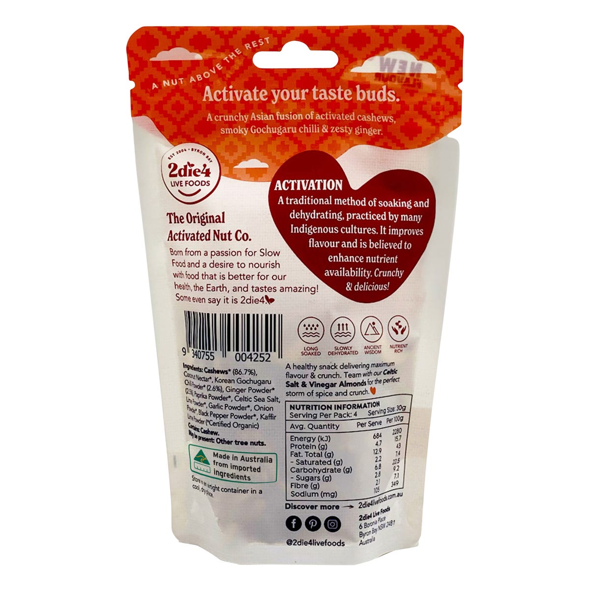 2die4 Live Foods Organic Activated Korean Chilli & Ginger Cashews 120g - 2die4 Live Foods
