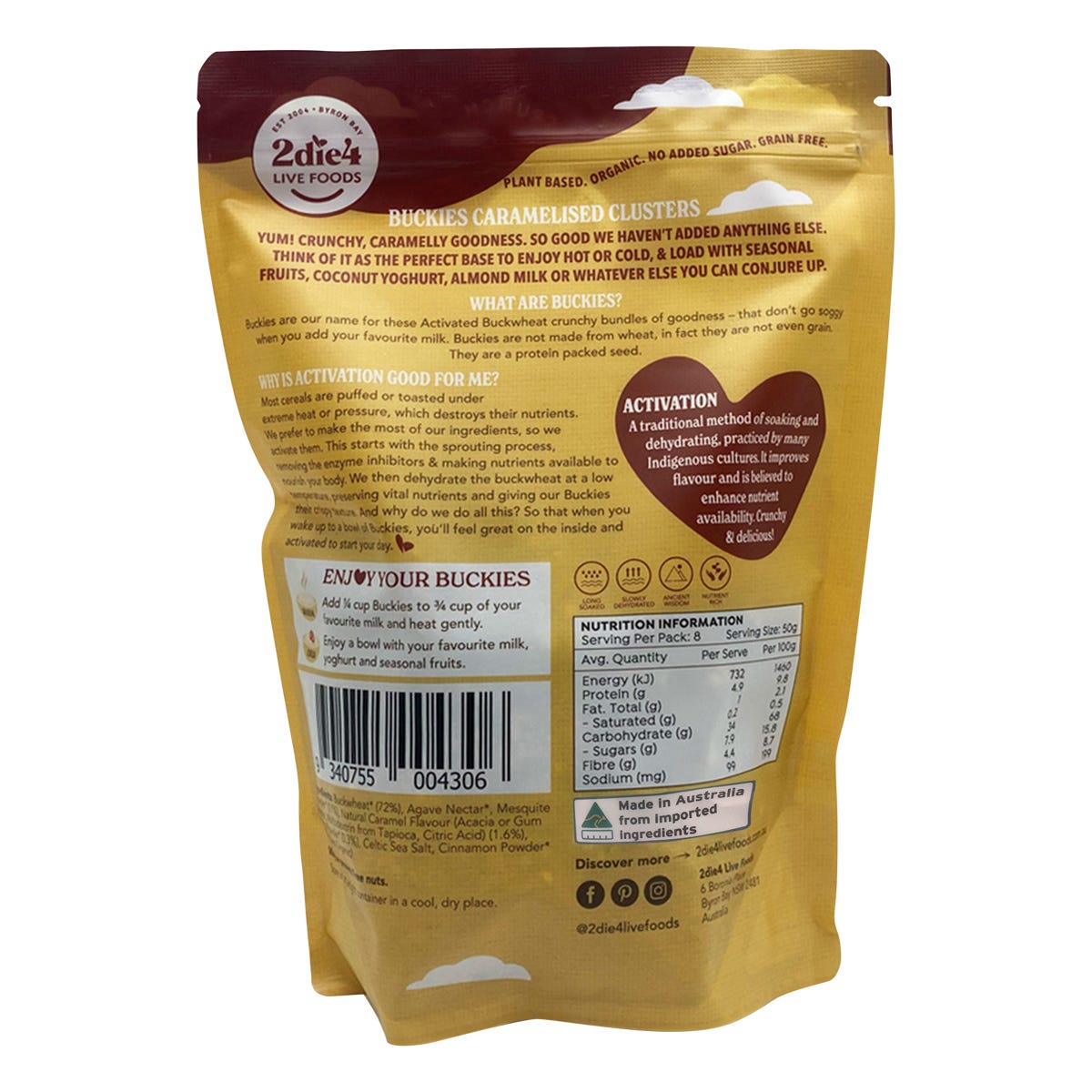 2die4 Live Foods Organic Activated Buckies Caramelised Clusters 400g - 2die4 Live Foods