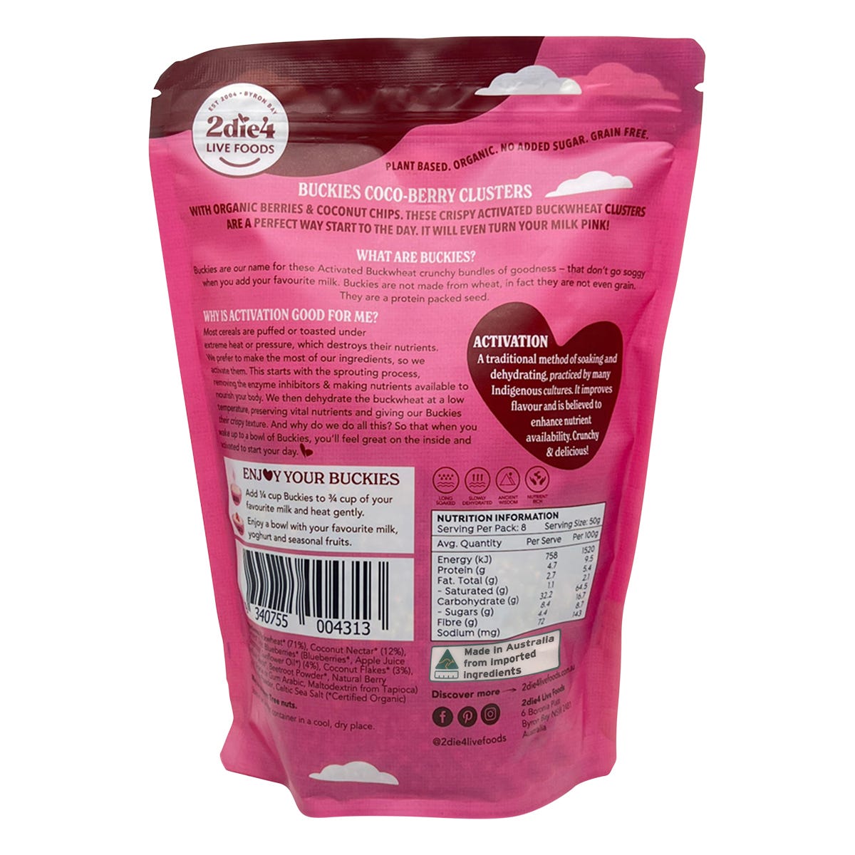2die4 Live Foods Organic Activated Buckies Coco-Berry Clusters 400g - 2die4 Live Foods