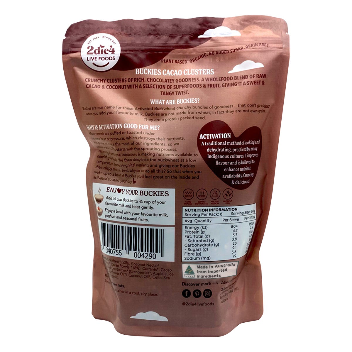 2die4 Live Foods Organic Activated Buckies Cacao Clusters 400g - 2die4 Live Foods