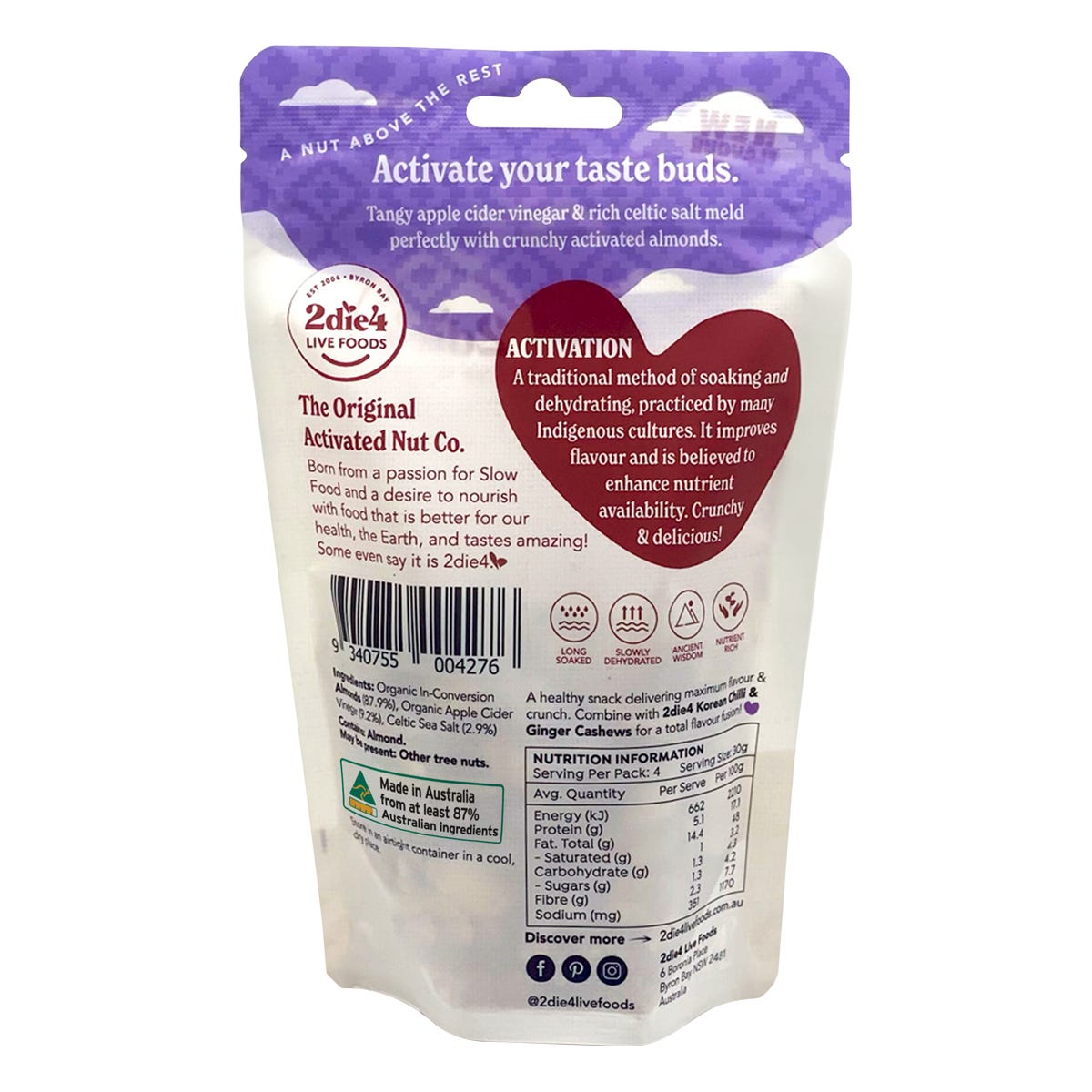 2die4 Live Foods Organic Activated Celtic Salt & Vinegar Almonds 120g - 2die4 Live Foods