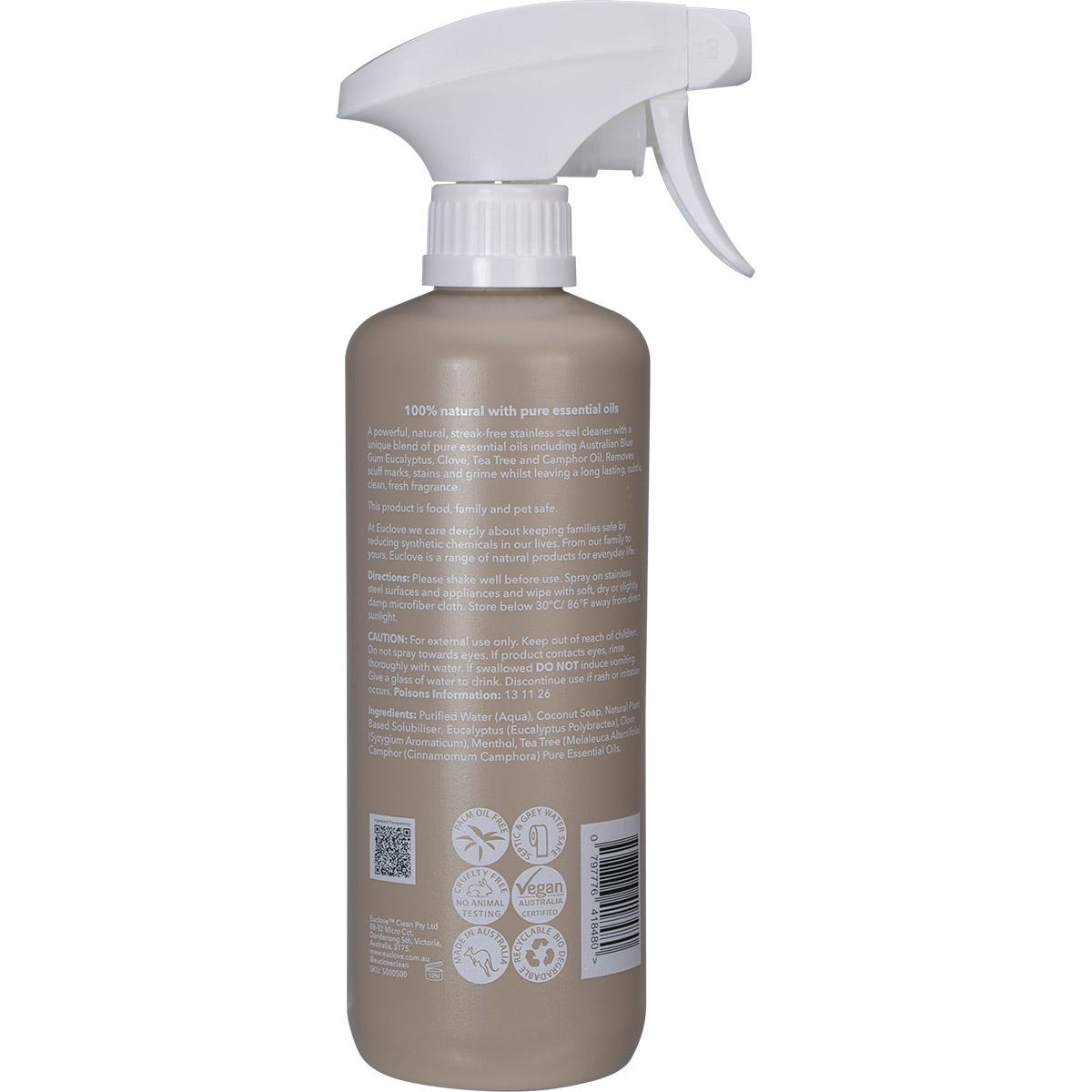 Euclove Stainless Steel Cleaner Eucalyptus, Clove & Tea Tree 500ml - Euclove