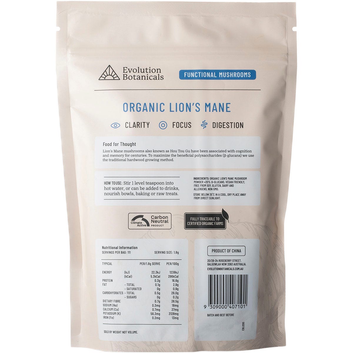 Evolution Botanicals Organic Lion's Mane Food For Thought 200g - Evolution Botanicals