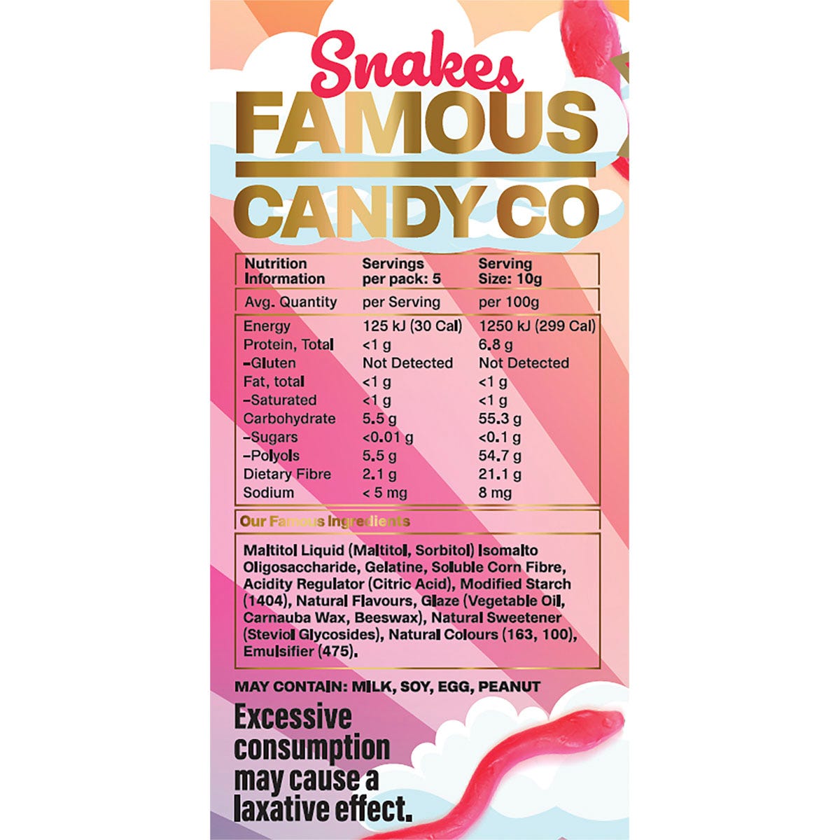 Famous Sugar Free Candy Snake Gummies Mixed Flavours 10x50g - Famous