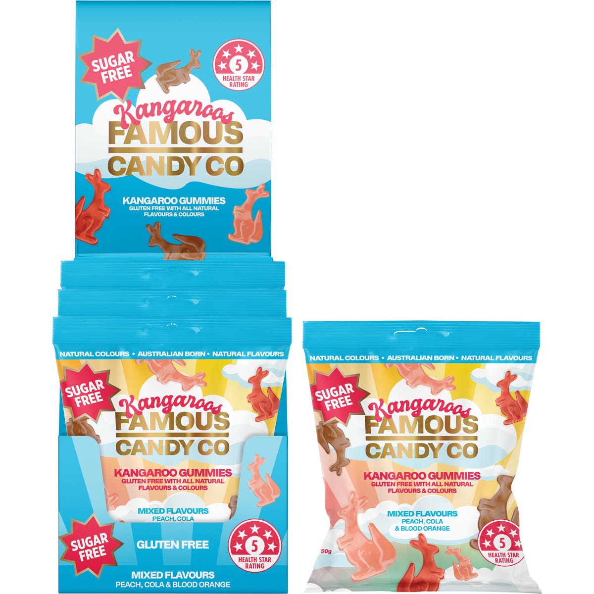 Famous Sugar Free Candy Kangaroo Gummies Mixed Flavours 10x50g - Famous