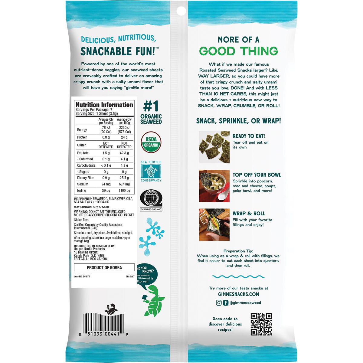 GIMME Roasted Seaweed Big Sheets Sea Salt 7 Sheets 26g - GIMME