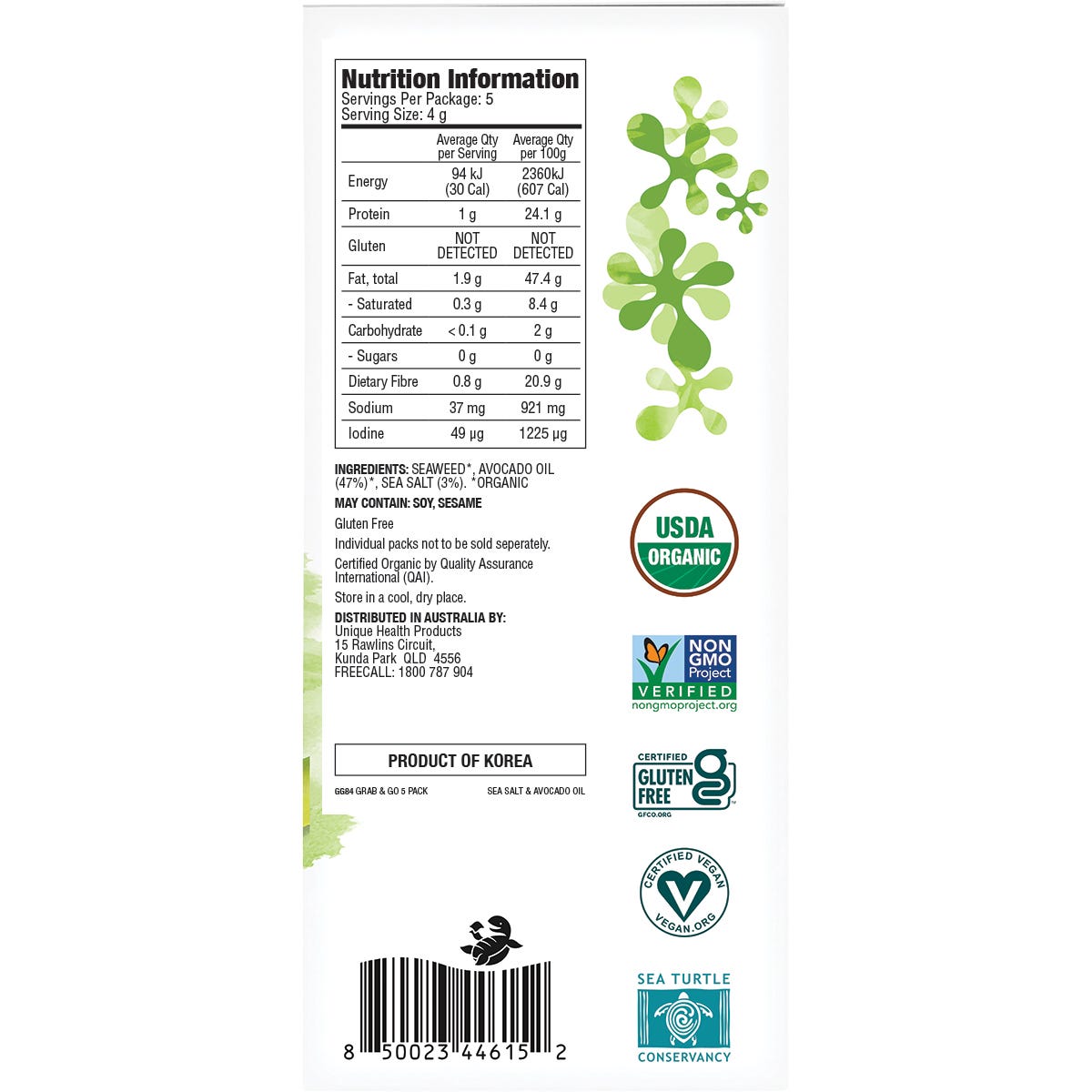 GIMME Roasted Seaweed Snacks Grab & Go Sea Salt & Avocado Oil 5x4g - GIMME