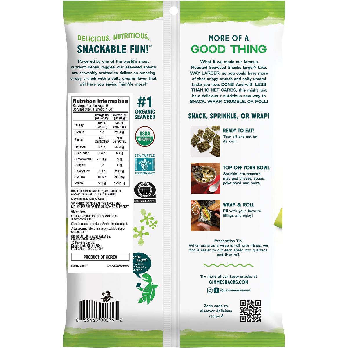 GIMME Roasted Seaweed Big Sheets Sea Salt&Avocado Oil 7 Sheets 26g - GIMME