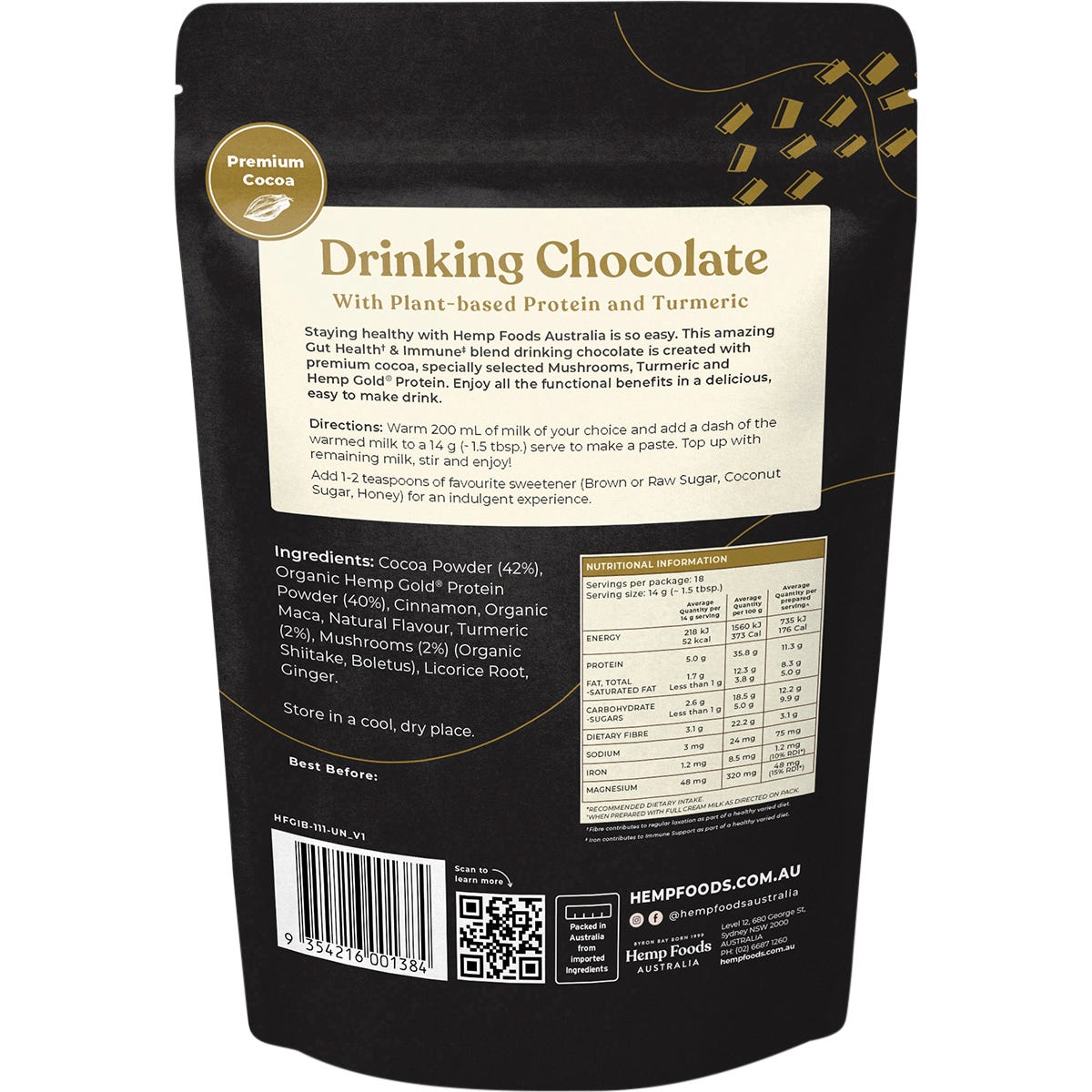 Hemp Foods Australia Drinking Chocolate Gut Health & Immune 252g - Hemp Foods Australia