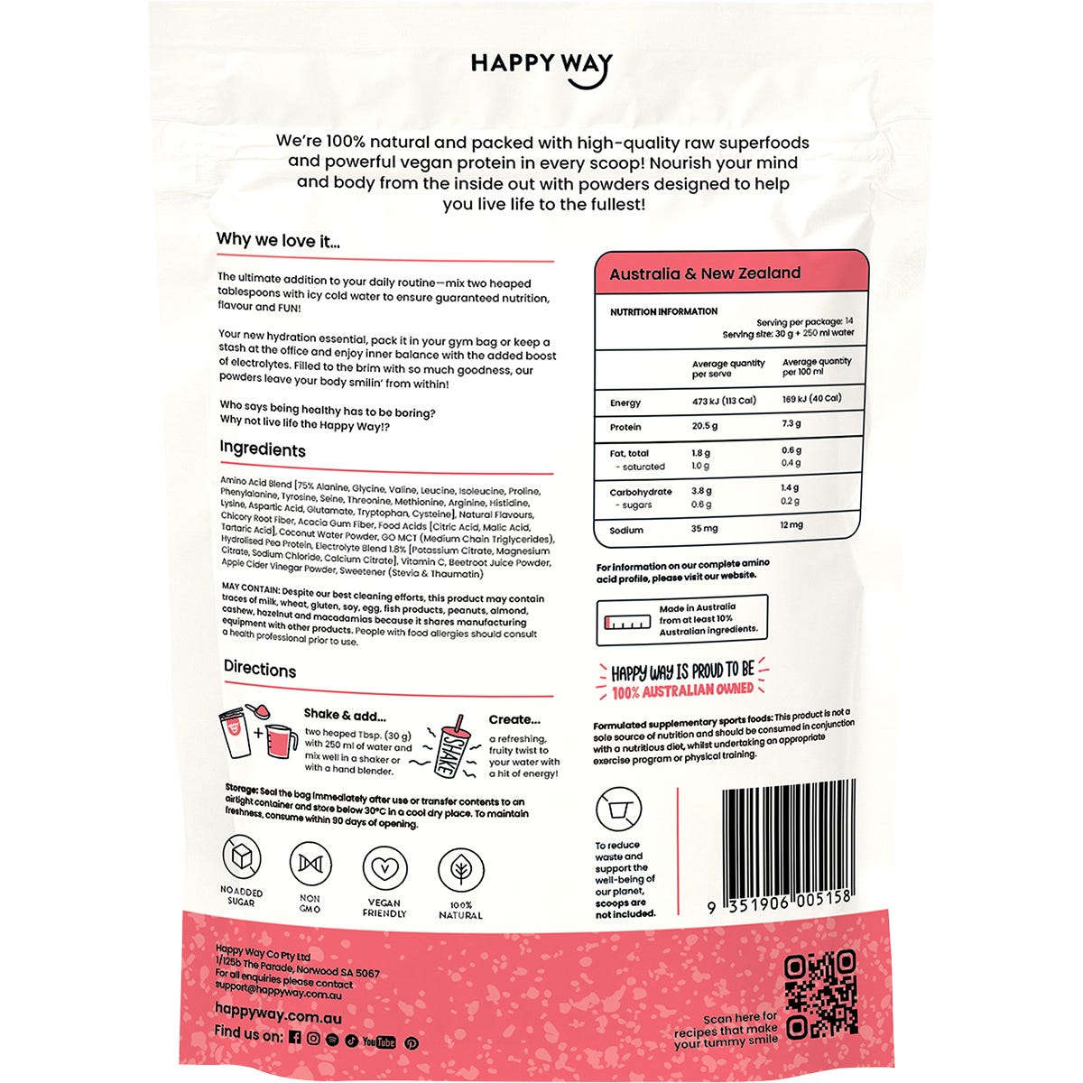 Happy Way Vegan Protein Water Powder Sour Berry 420g - Happy Way