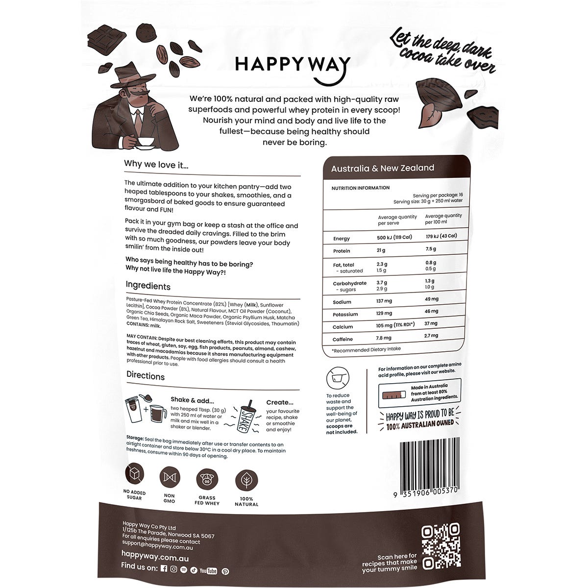 Happy Way Whey Protein Powder Dark Chocolate 500g - Happy Way