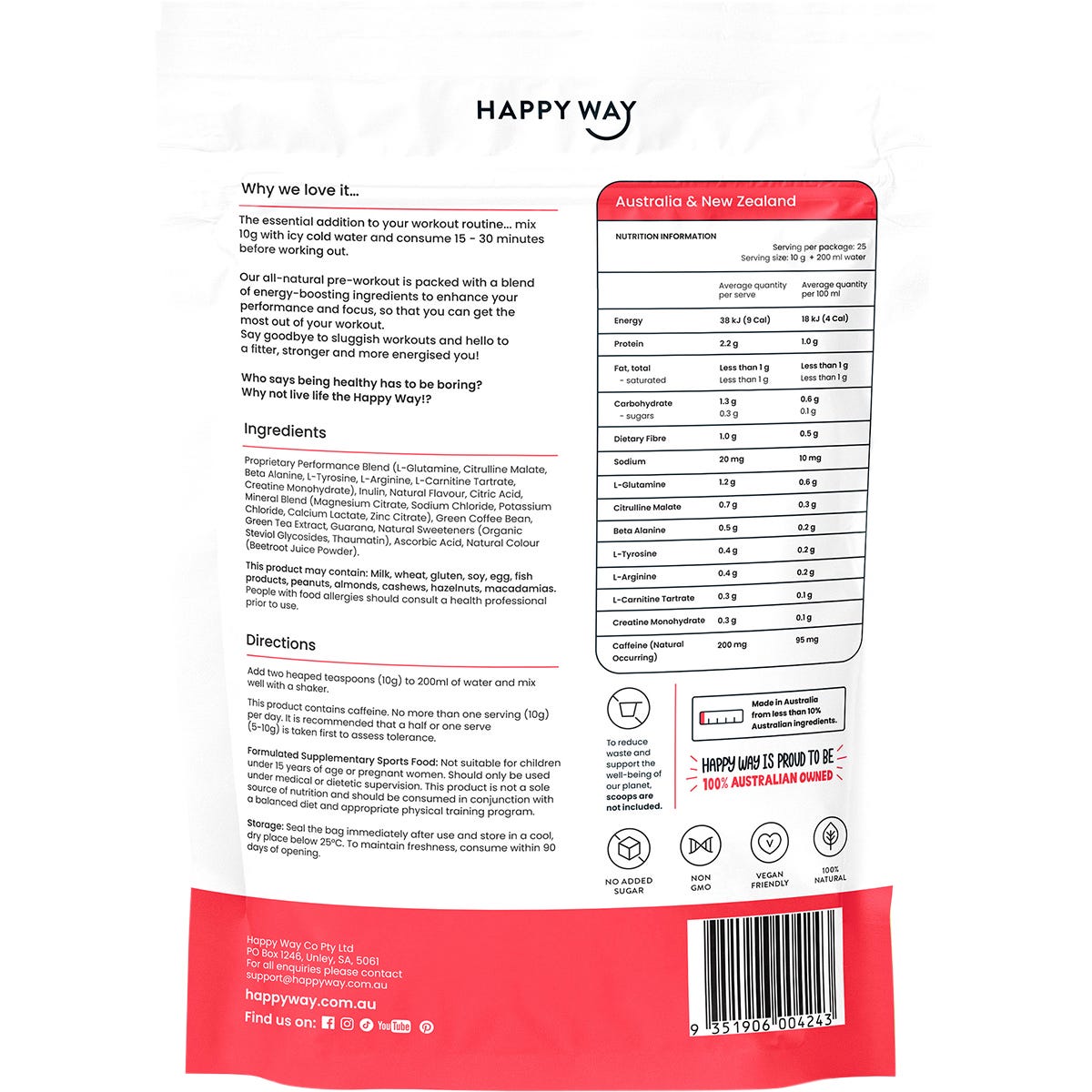 Happy Way Pre-Workout Powder Watermelon 250g - Happy Way