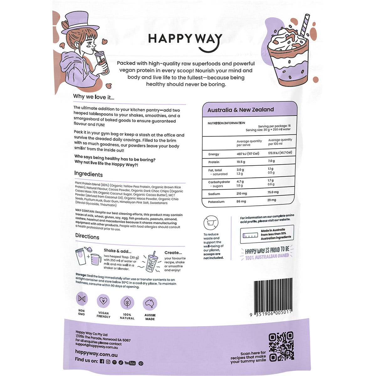 Happy Way Vegan Protein Powder Double Choc Chip 500g - Happy Way