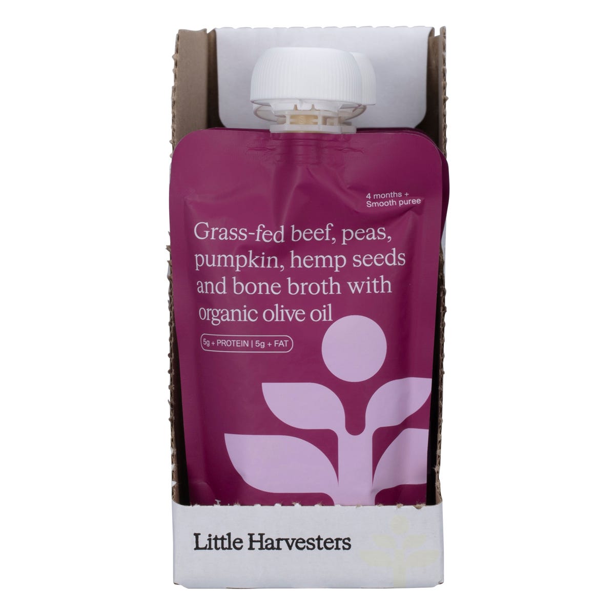 Little Harvesters Grass-fed Beef, Peas, Pumpkin,Hemp Seeds & Bone Broth 6x120g - Little Harvesters