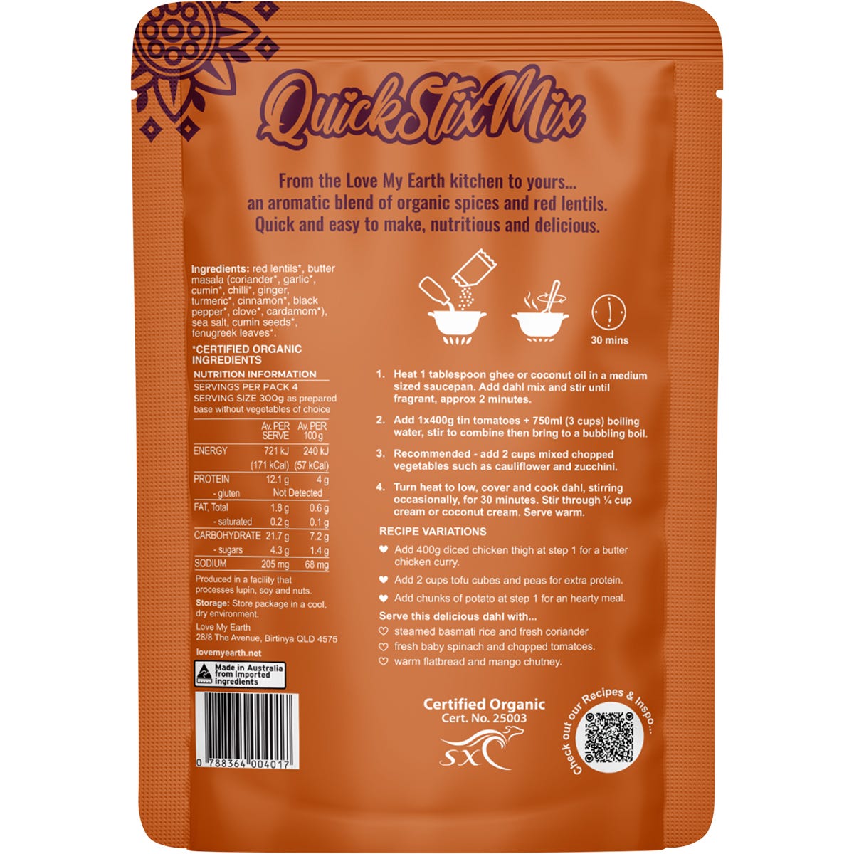 Love My Earth Quick Stix Mix Organic Dahl Butter Masala 200g - Love My Earth