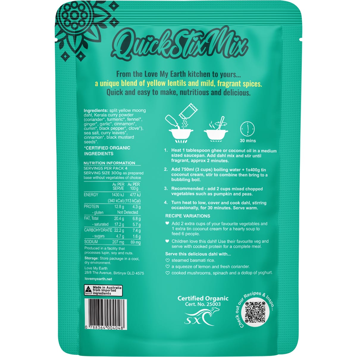 Love My Earth Quick Stix Mix Organic Dahl Creamy Coconut 200g - Love My Earth