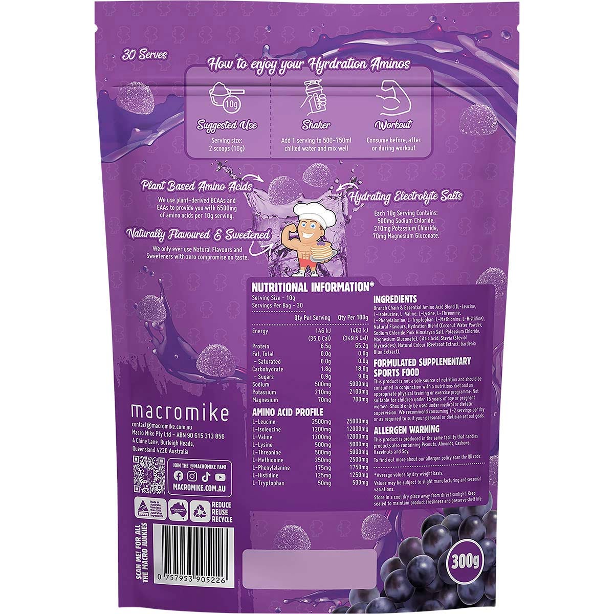 MACRO MIKE Plant Based Hydration Aminos Sour Grape Candy 300g - MACRO MIKE