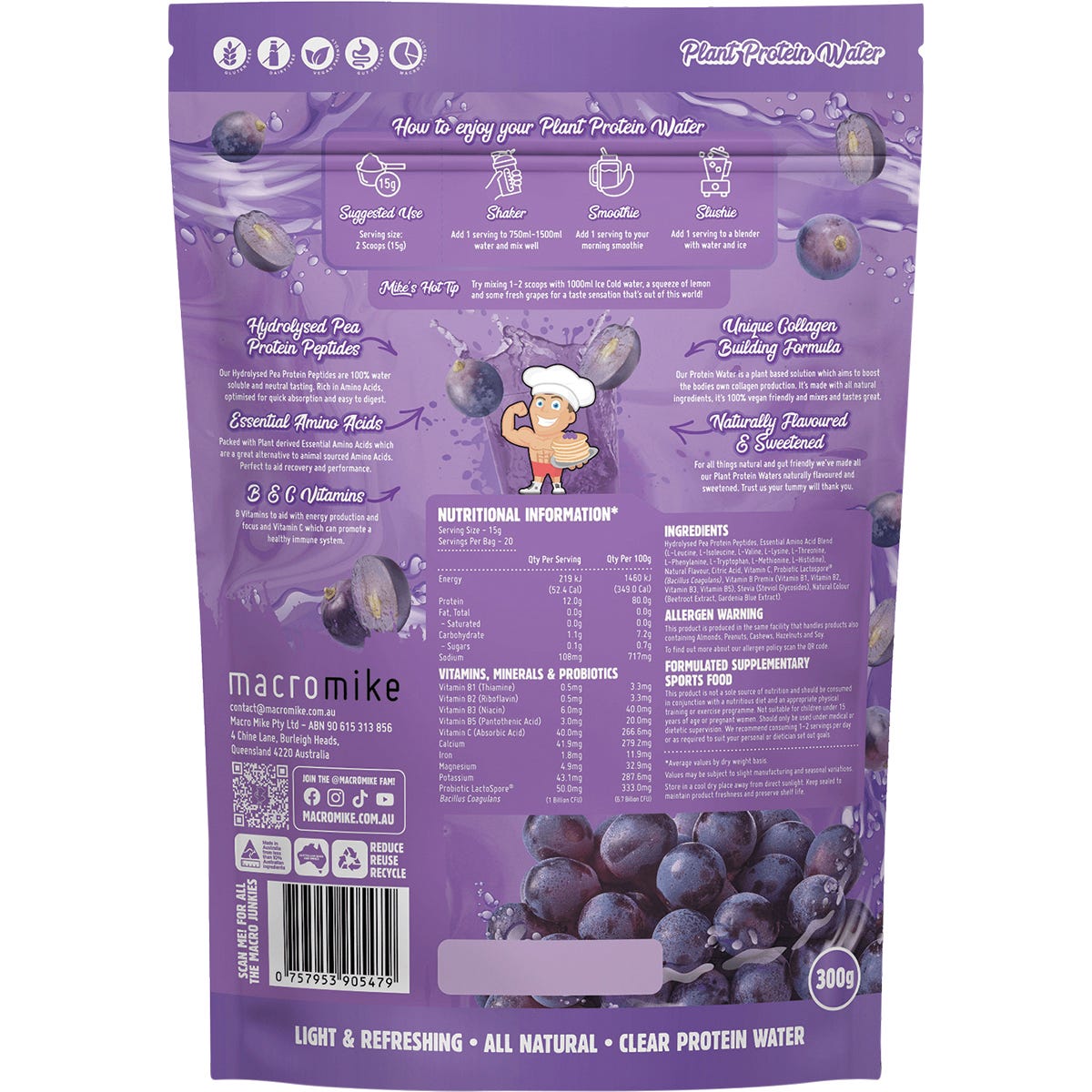 MACRO MIKE Plant Protein Water Juicy Grape 300g - MACRO MIKE