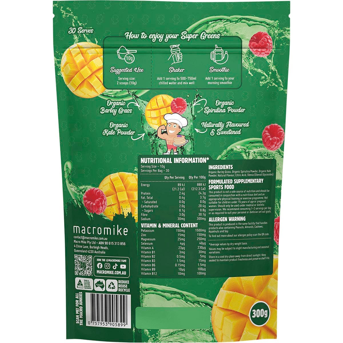 MACRO MIKE Super Greens Mango Raspberry Splash 300g - MACRO MIKE