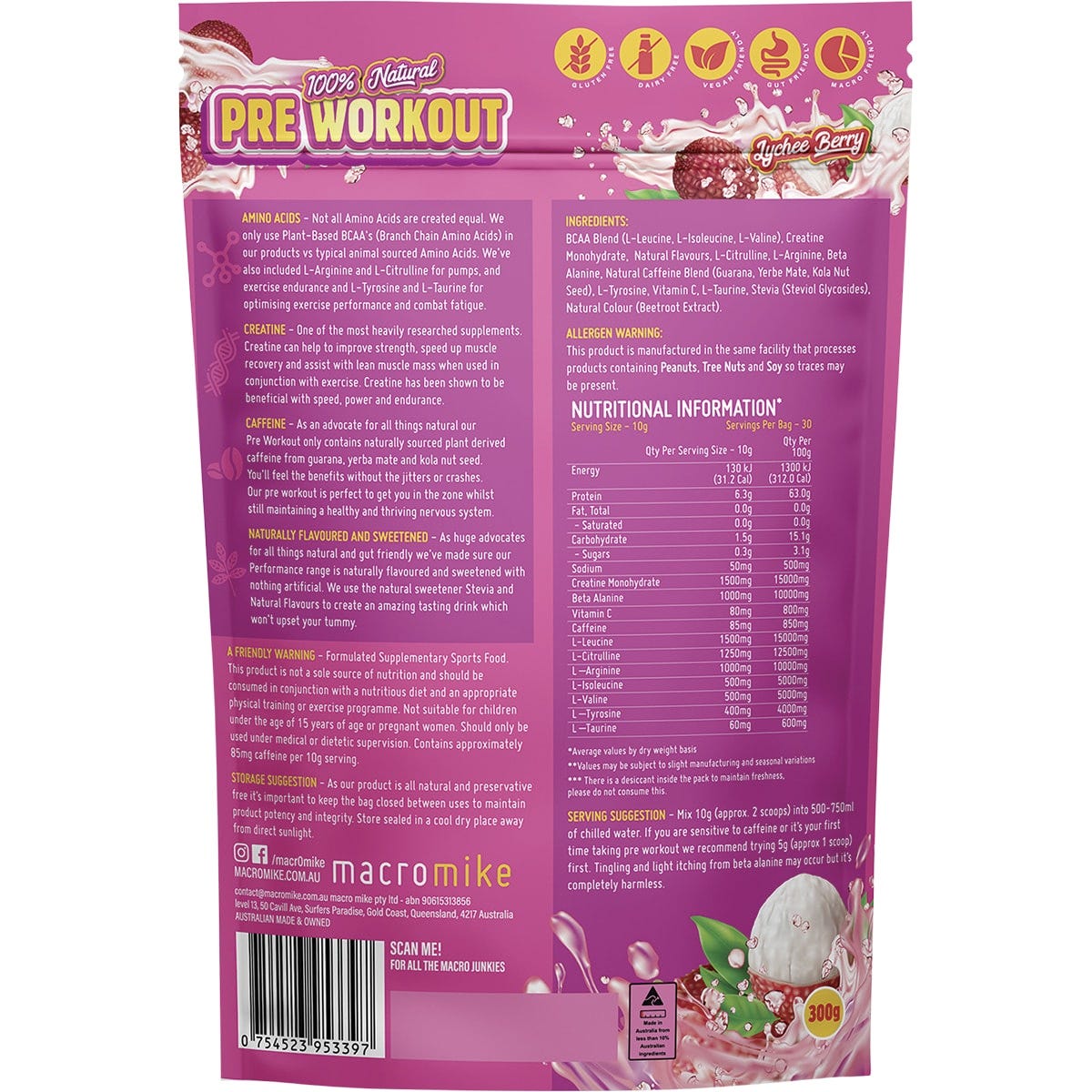 MACRO MIKE Pre Workout Lychee Berry 300g - MACRO MIKE