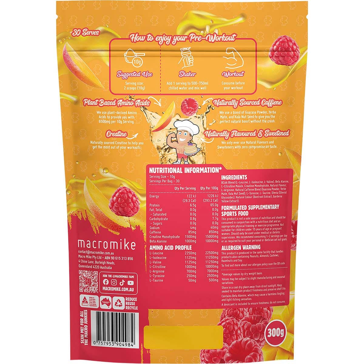 MACRO MIKE Plant Based Pre Workout Raspberry Mango Tango 300g - MACRO MIKE