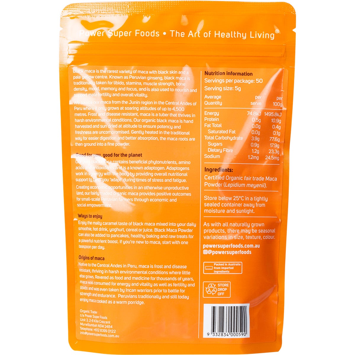 Power Super Foods Black Maca Powder Certified Organic 250g - Power Super Foods