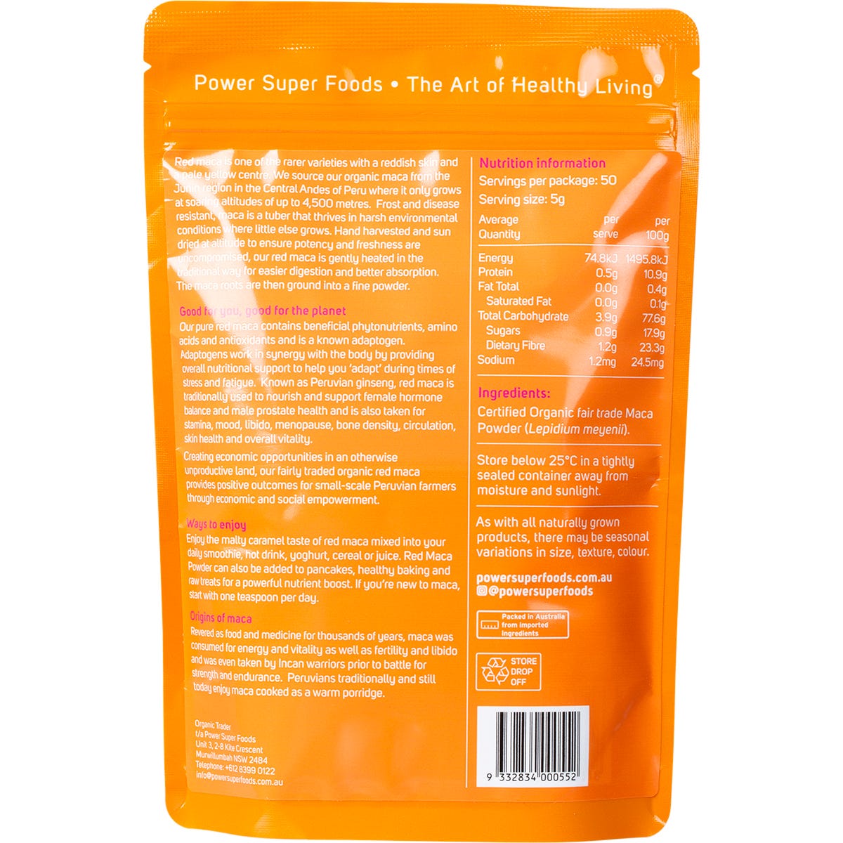 Power Super Foods Red Maca Powder Certified Organic 250g - Power Super Foods