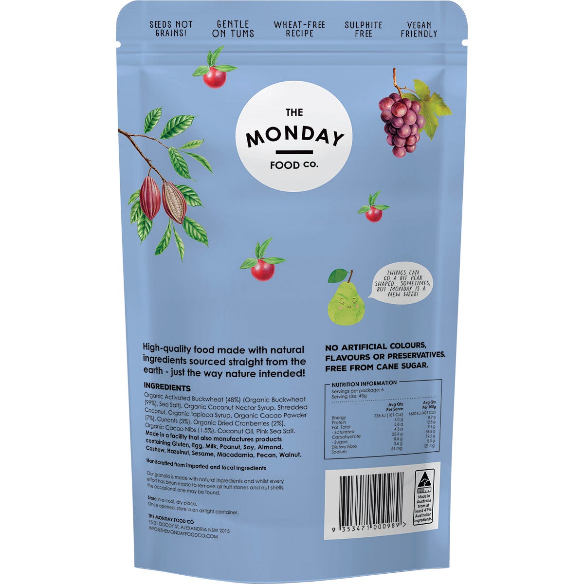 The Monday Food Co. Activated Buckwheat Granola Cacao Berry 270g - The Monday Food Co.