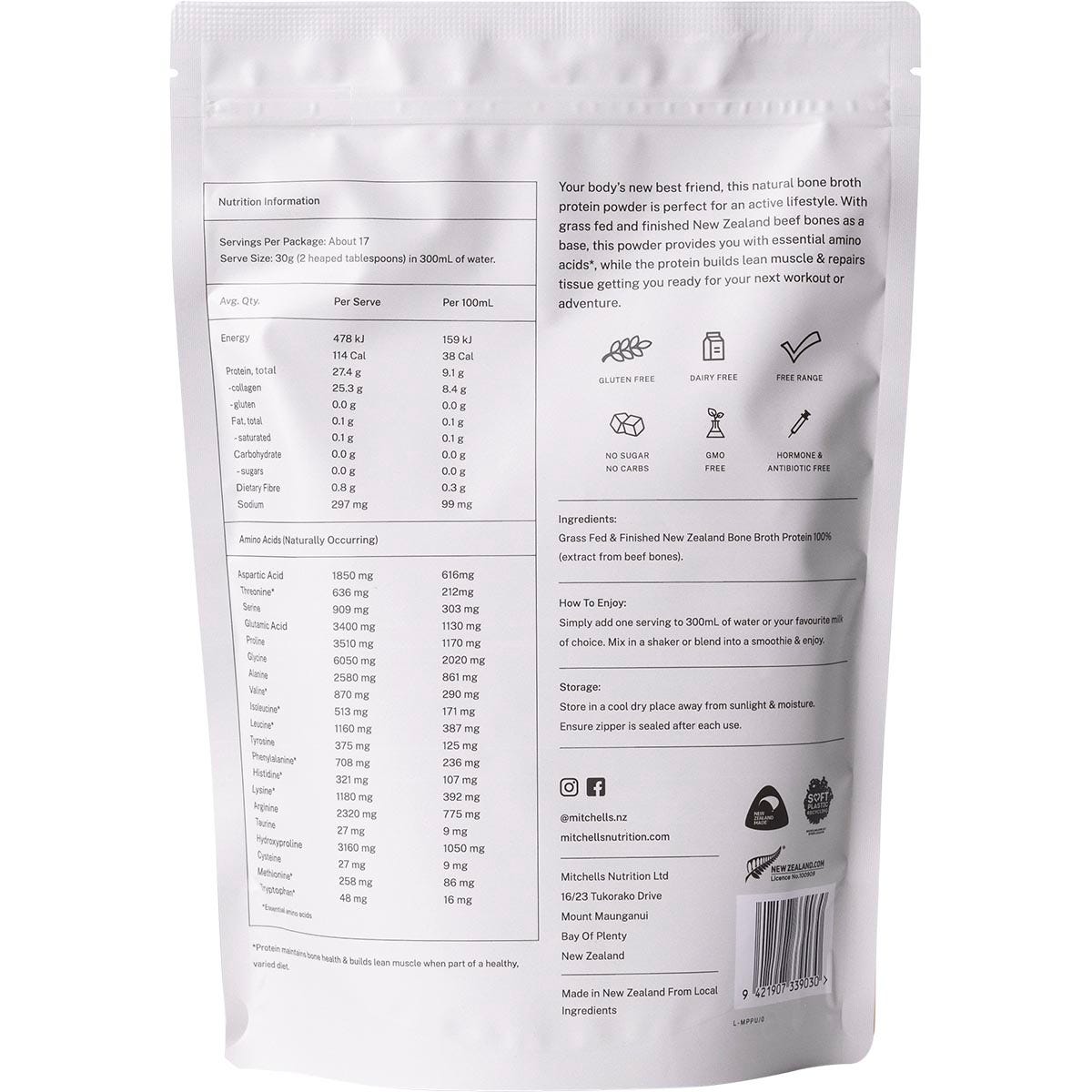 Mitchells Nutrition Bone Broth Protein Powder Unflavoured 500g - Mitchells Nutrition